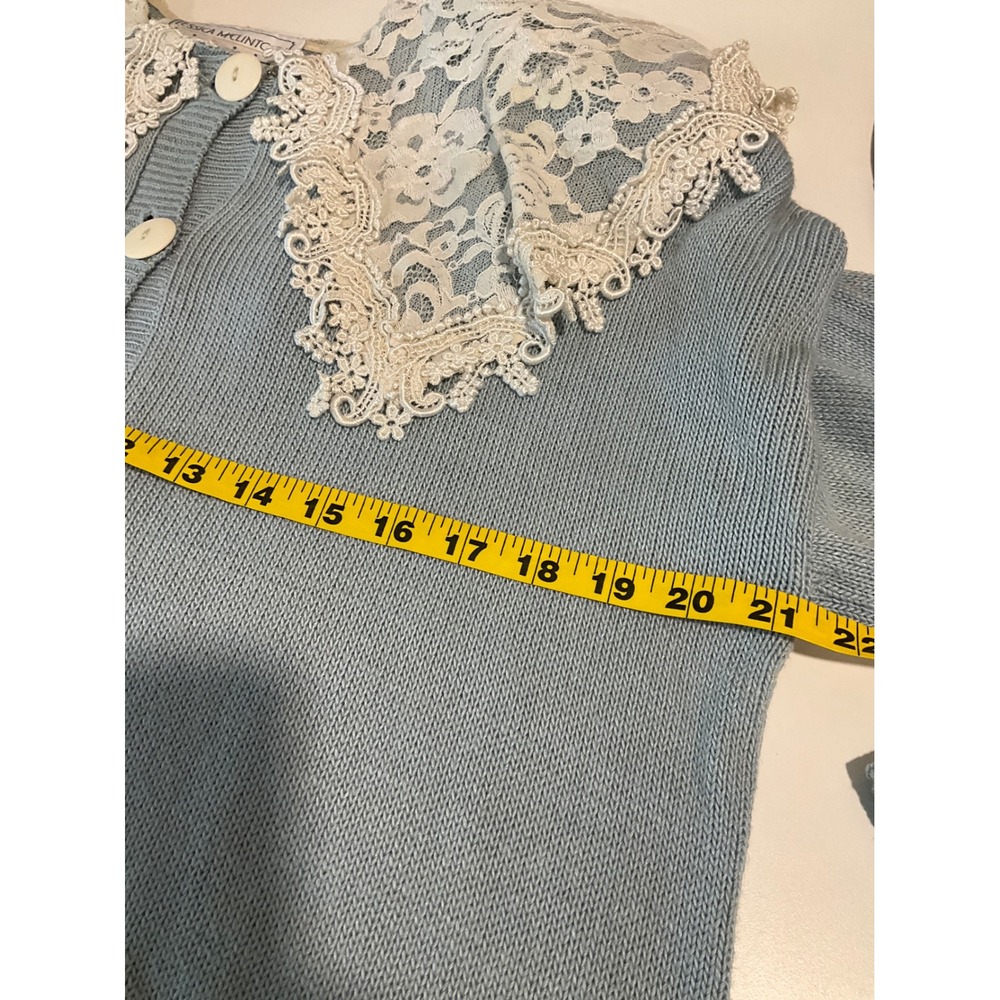 Jessica McClintock Vintage Button Up Sweater Cardigan White Lace Blue Collar L - Picture 4 of 5
